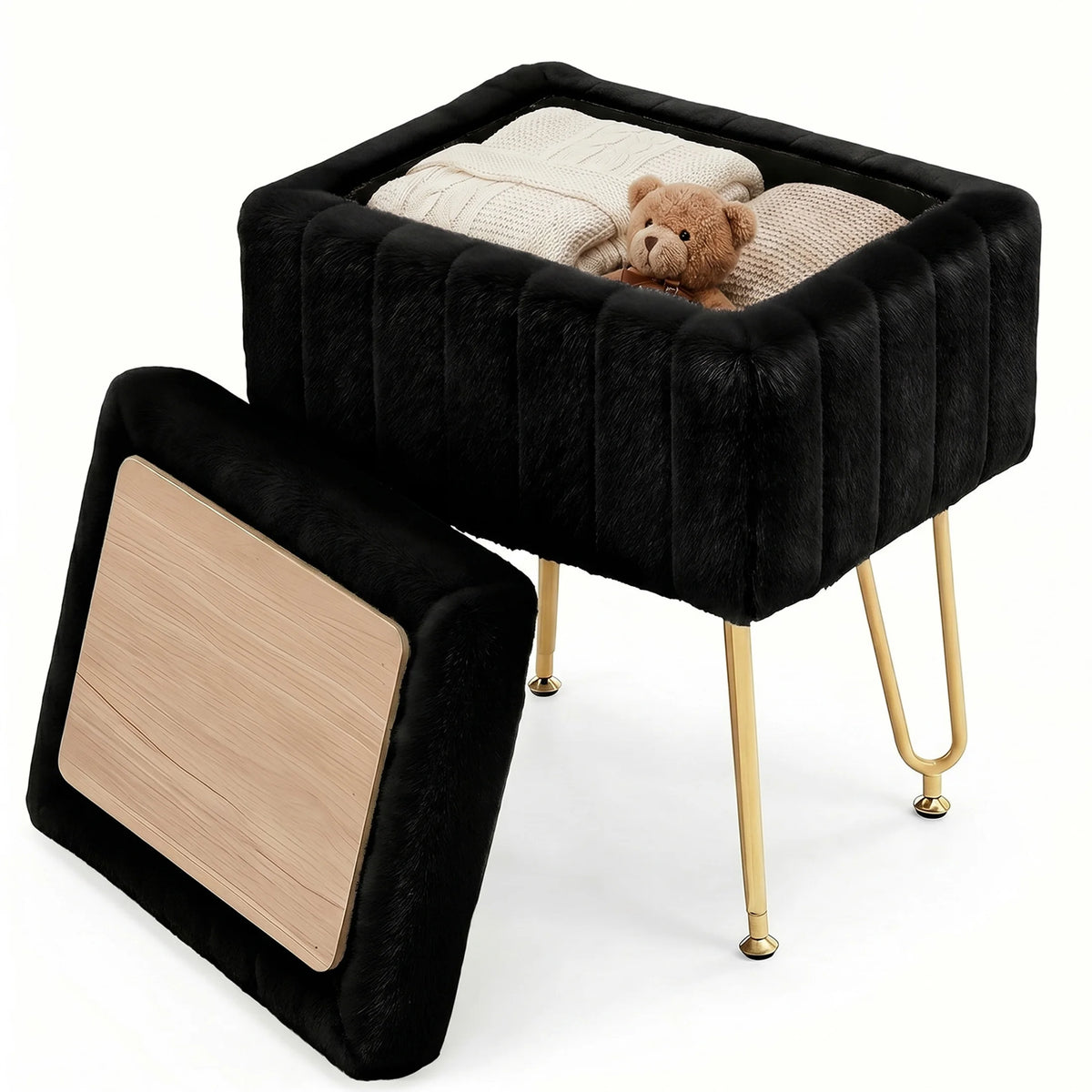 JHK Faux Fur Vanity Storage Ottoman With Metal Legs