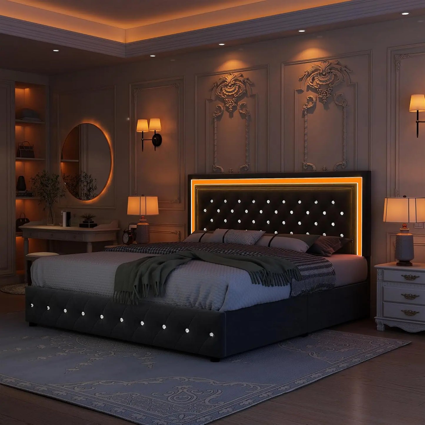 Bed Frame With LED Lighting And Stowaway Storage Drawers