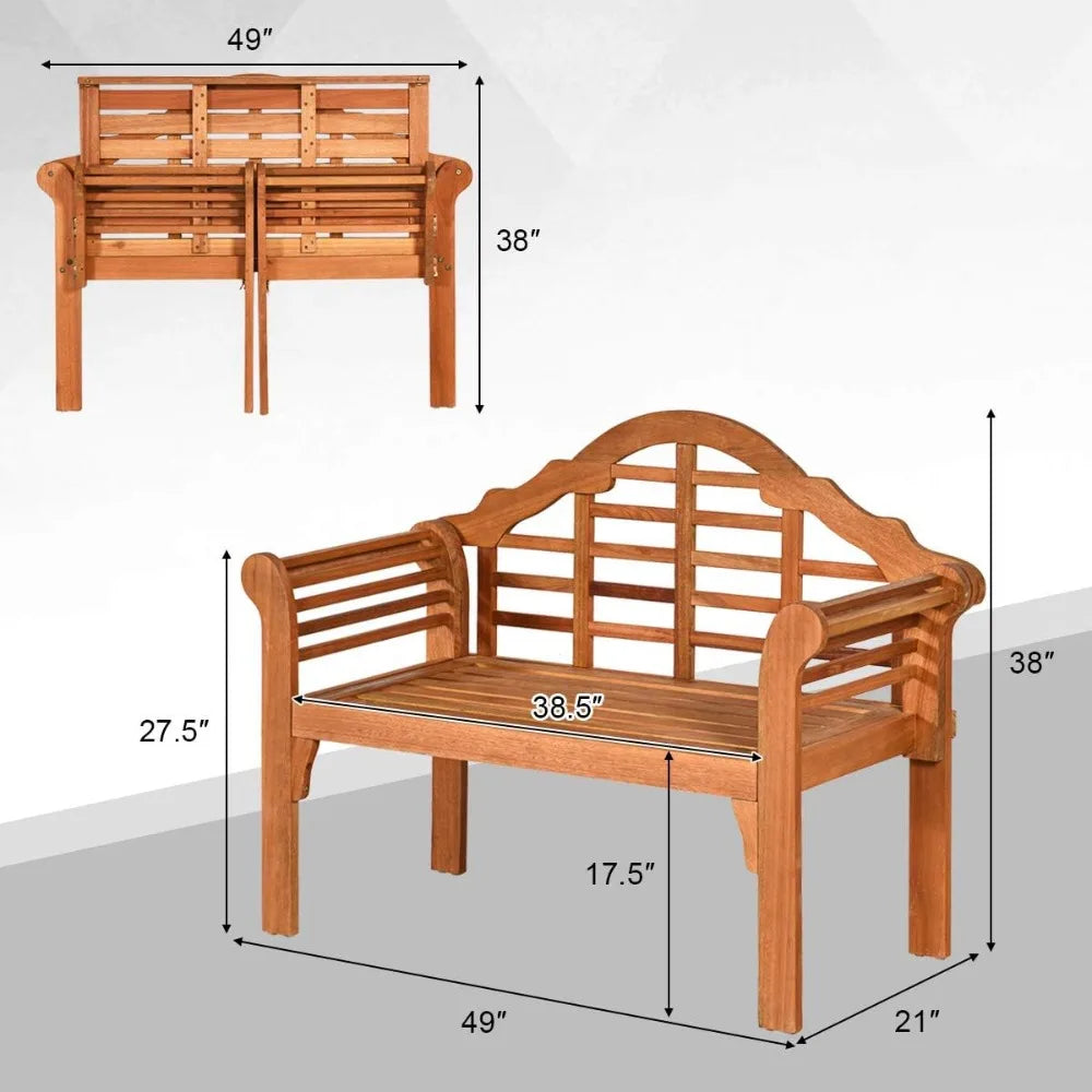 Outdoor Eucalyptus Wood Bench Foldable 2 Person Garden Loveseat