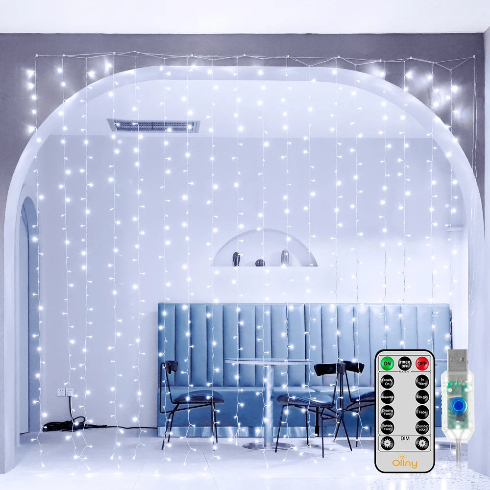 Ollny 300 LED Outdoor Waterproof Curtain Lights USB Powered