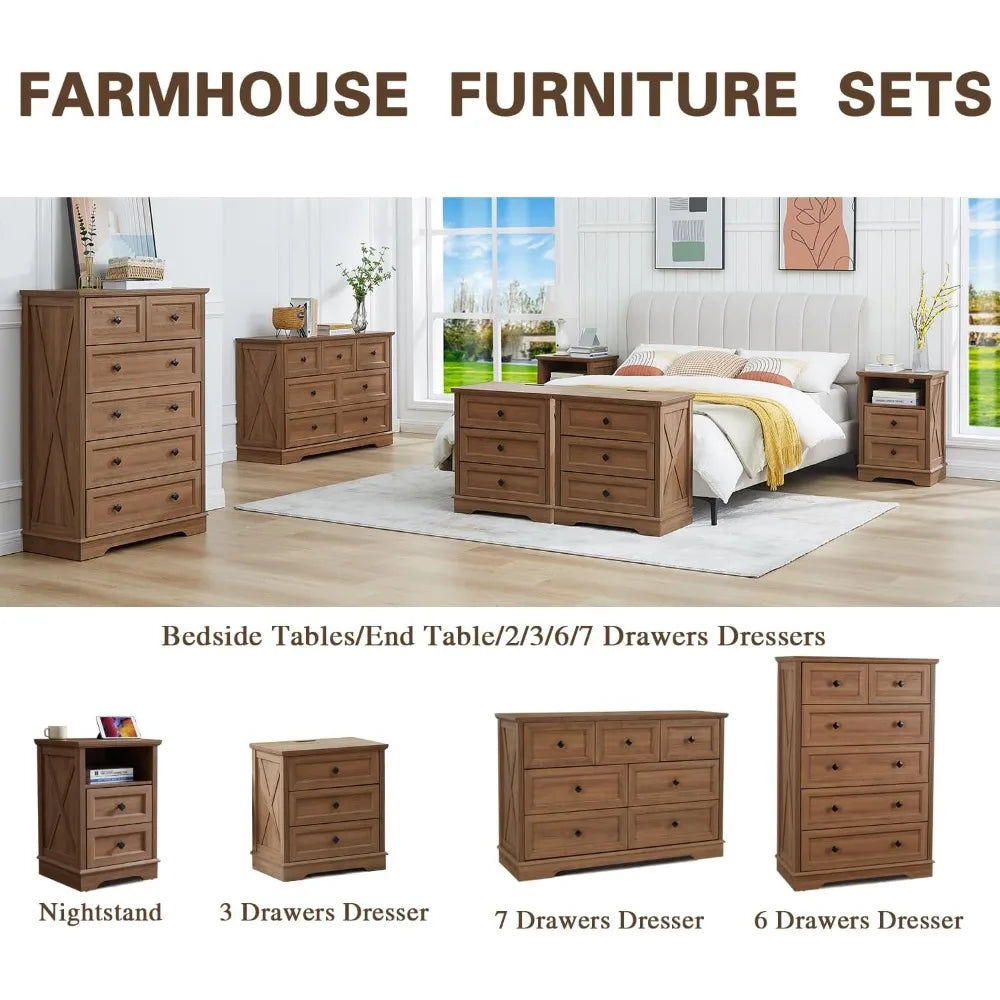 7 Drawer Farmhouse Dresser Chest with Charging Station for Modern Bedrooms