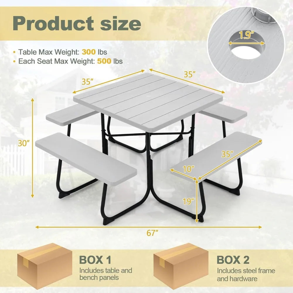 Outdoor Square Picnic Table With BuiltIn Benches Umbrella Hole