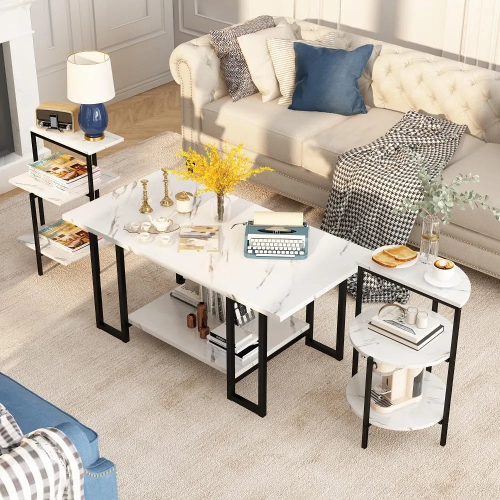 Faux Marble Coffee Table Set With Metal Frame 3-Piece