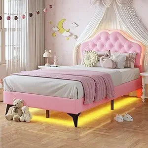 Girls Upholstered Platform Bed With Storage And LED Lights