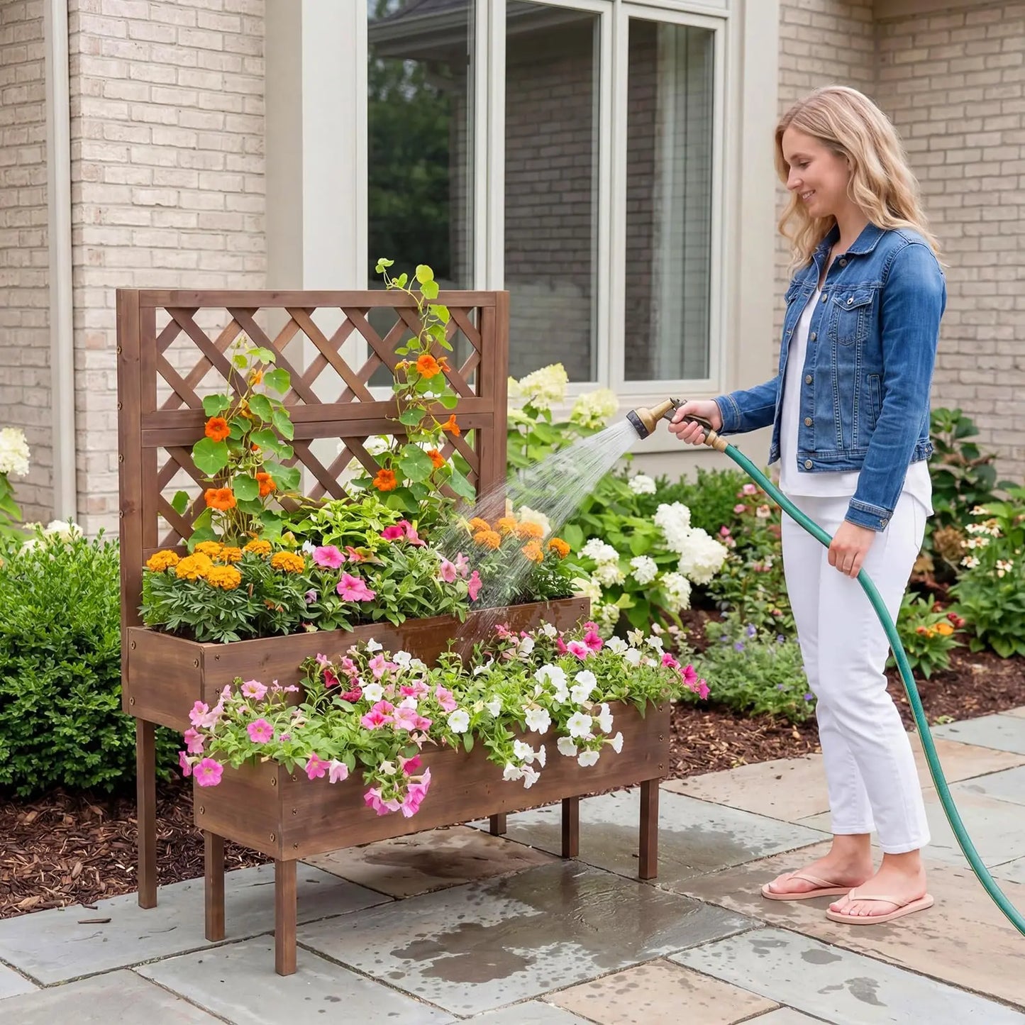 HiMISS Wooden Raised Garden Bed With Trellis And Legs