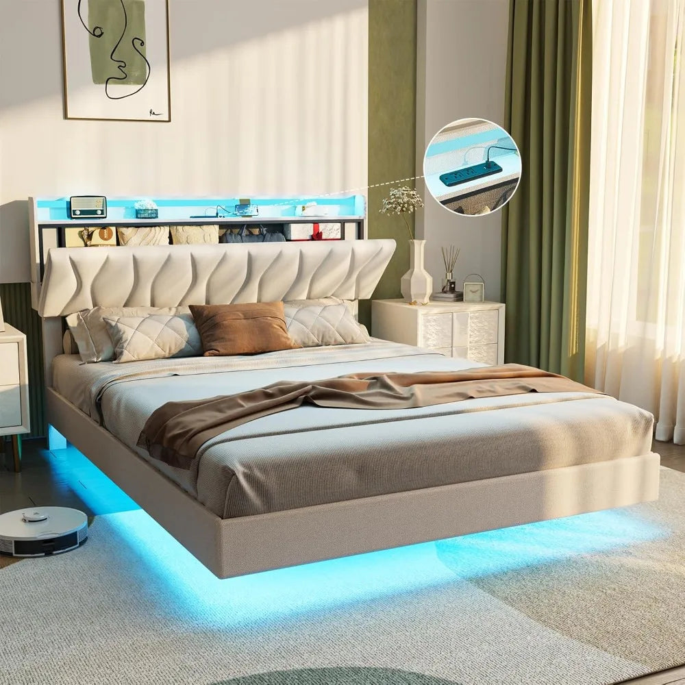 Guangbai Floating Bed Frame Storage Headboard Led Lights