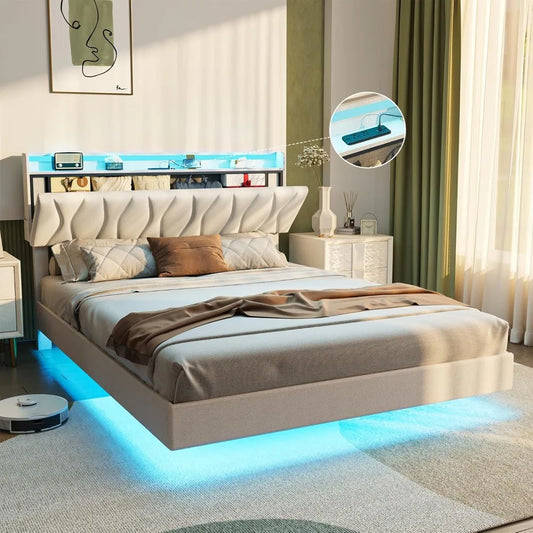 Guangbai Floating Bed Frame Storage Headboard Led Lights