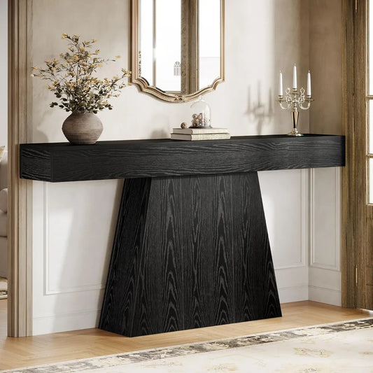 63 Inch Black Farmhouse Console Table with Trapezoidal Base for Entryway
