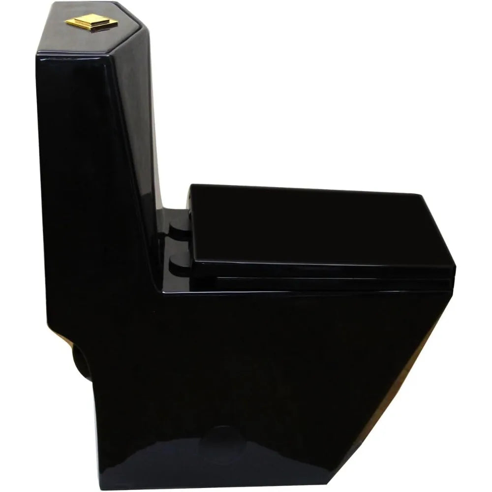 Modern Black One Piece Square Toilet with Gold Button and Diamond Design