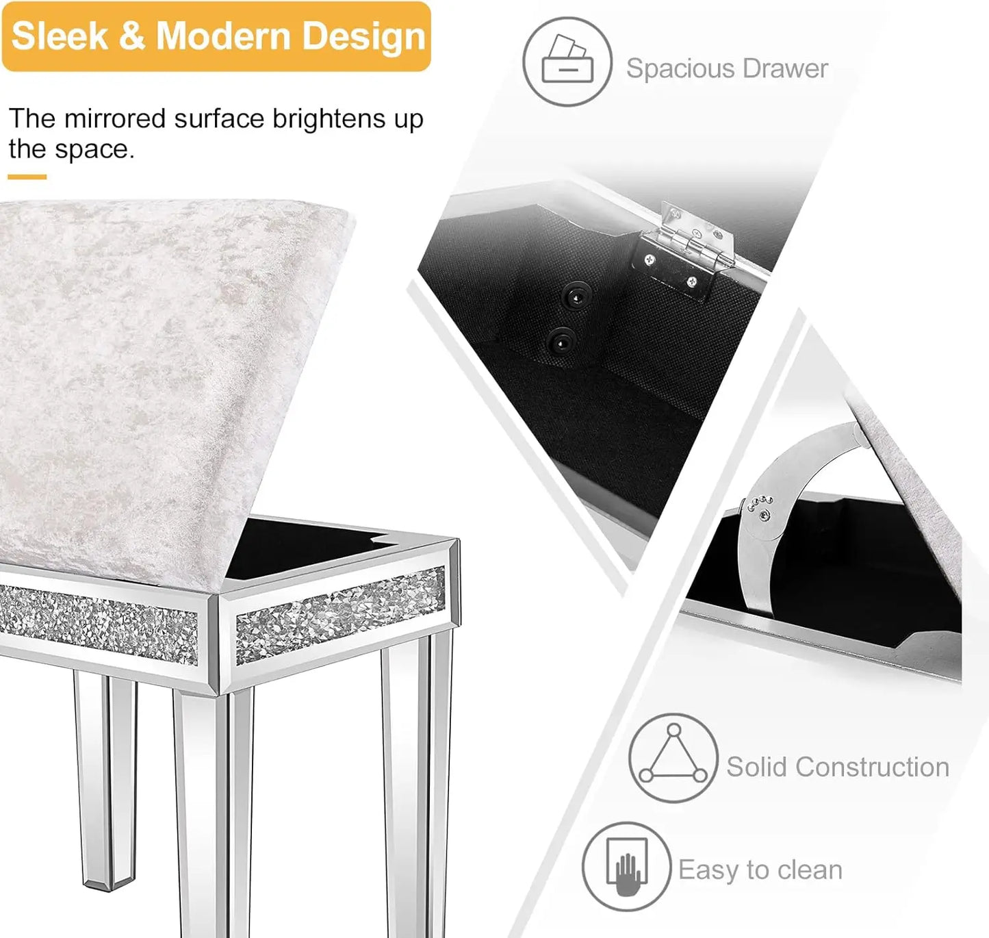 Mirrored Velvet Vanity Stool with Storage and Sparkling Diamonds in Silver