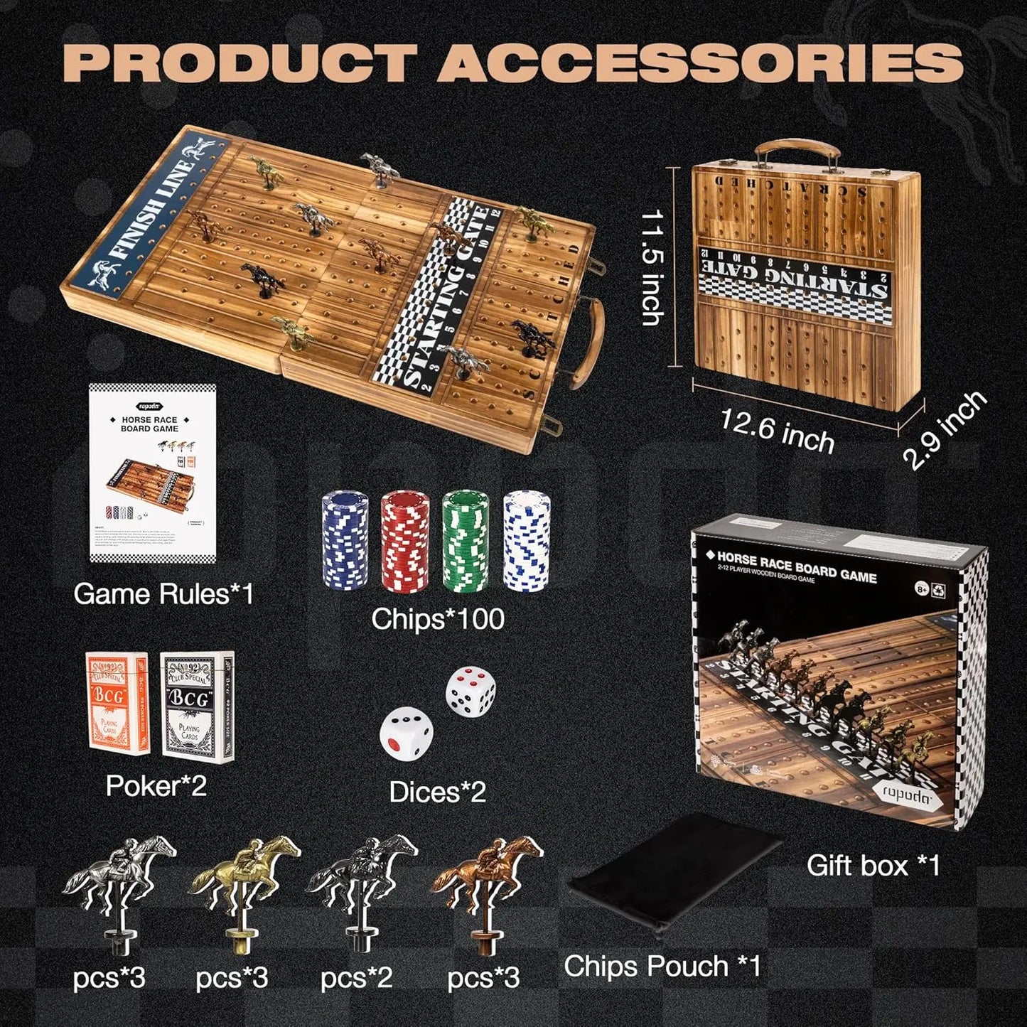 Foldable Wood Horse Racing Board Game Chips Dice Cards