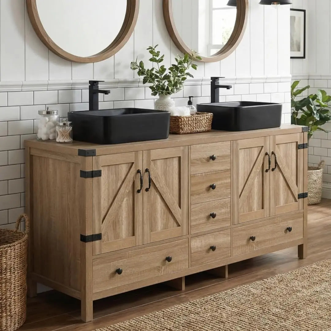 Rustic Bathroom Vanity With Two Vessel Sinks Stand