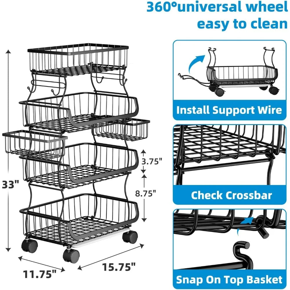 Stackable Metal Wire Rolling Cart With Hanging Baskets