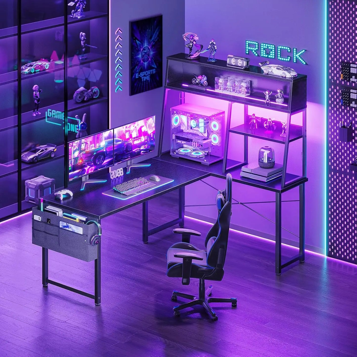 L Shaped Gaming Desk With LED Lights And ShelvingRack