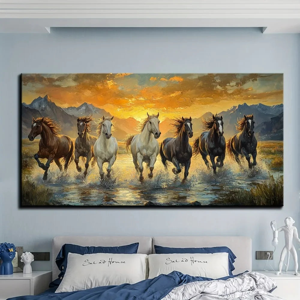 Elegant Feng Shui Seven Horse Canvas Wall Art Decor