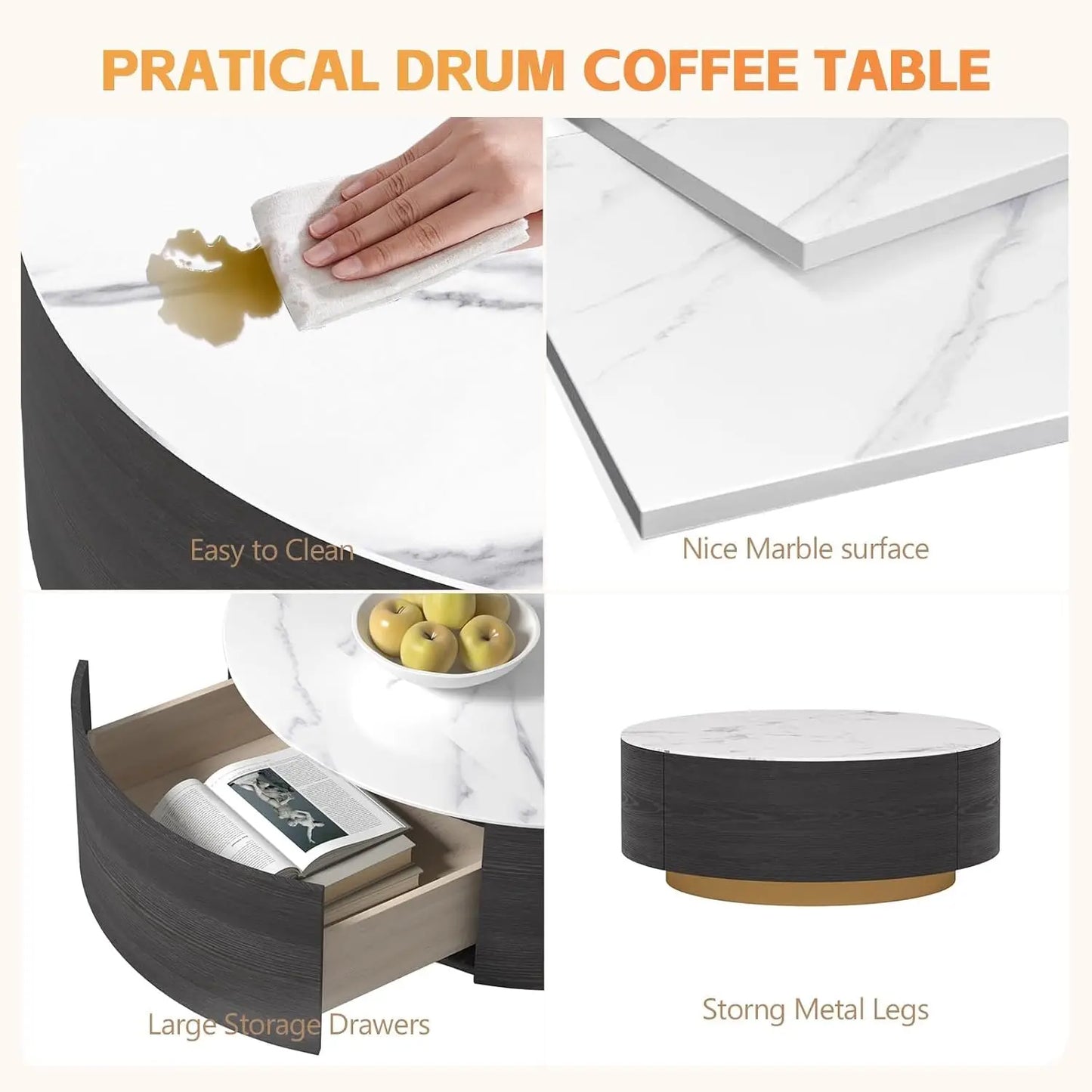 Modern Round Marble Coffee Table with Drawers and Sintered Stone Top