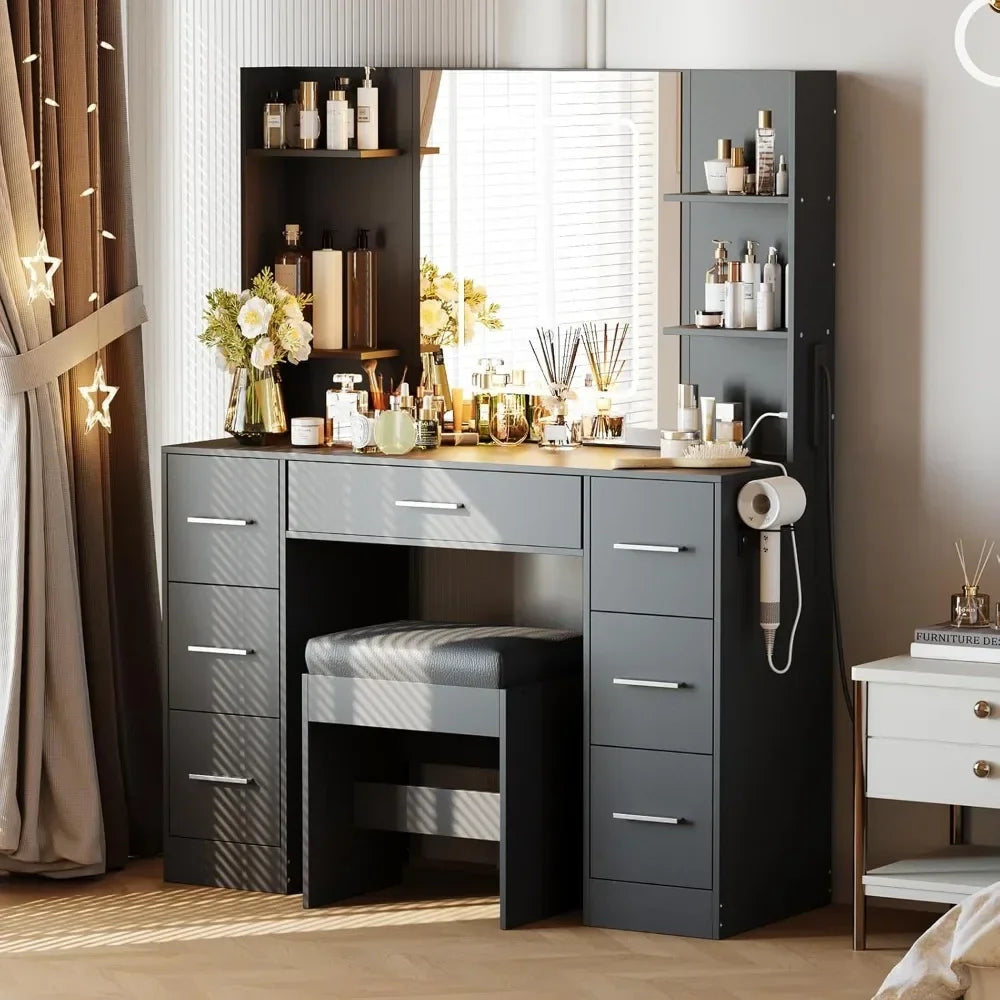 Vanity Table with Large Mirror and Adjustable LED Lighting and Chair