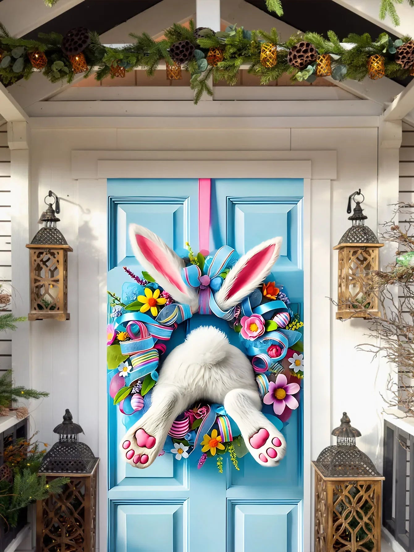 NONECN Easter Door Cover Plush Rabbit Wreath Banner