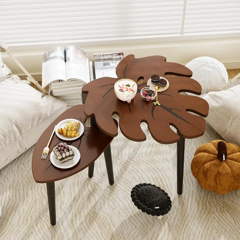 Monstera Leaf Nesting Tables Set of 2 Modern Wooden