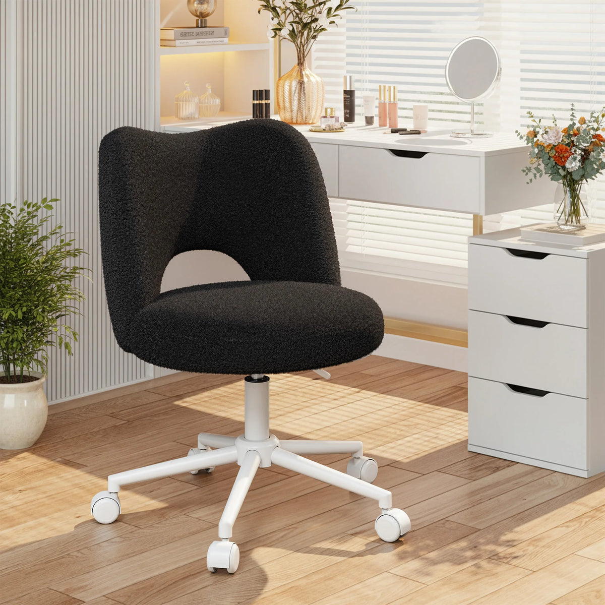 EnHomee Height Adjustable Upholstered Vanity Chair With Silent Wheels