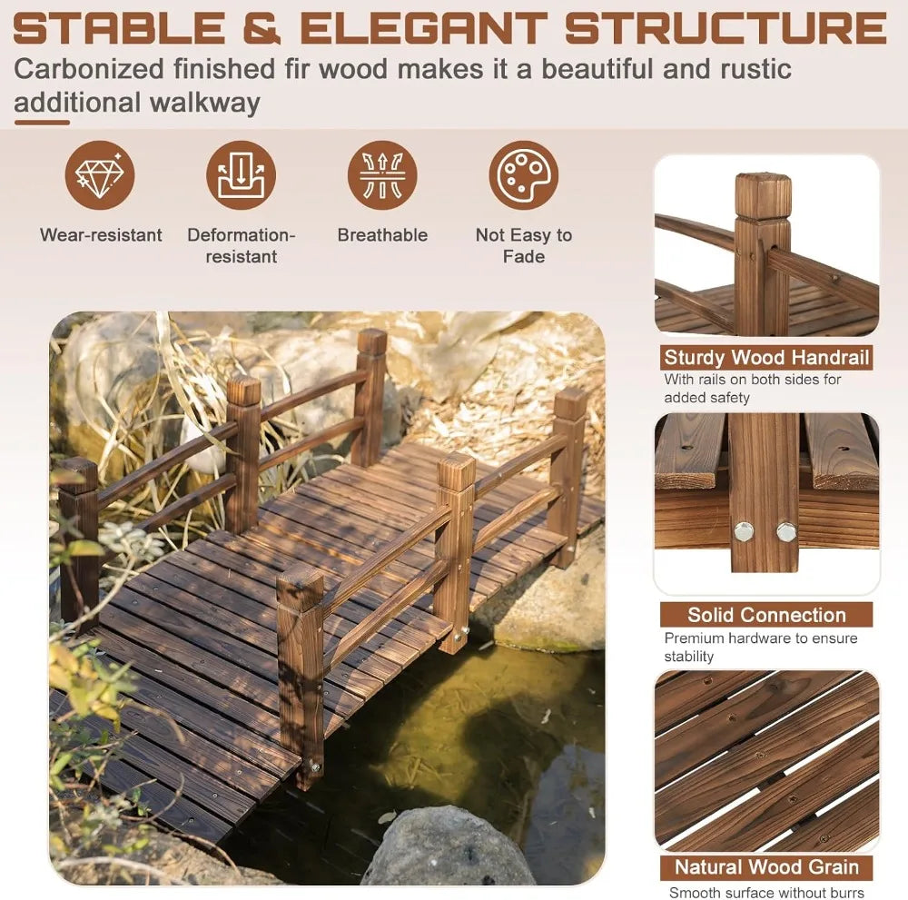 Carbonized Fir Wood Garden Arc Bridge With Railings