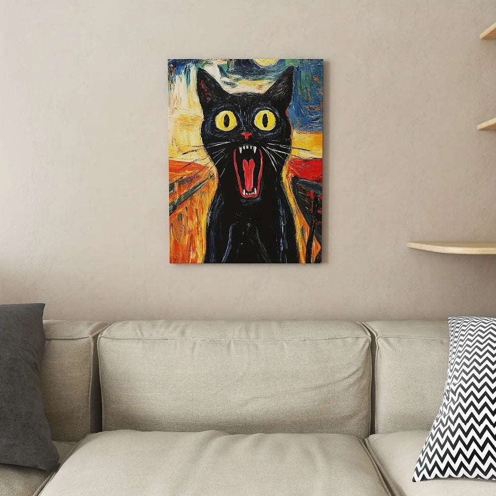 Vibrant Black Cat Wall Art With Thick Pine Frame Perfect For Interior Decor
