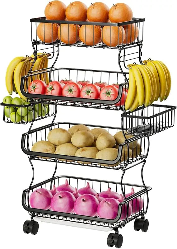 Stackable Metal Wire Rolling Cart With Hanging Baskets