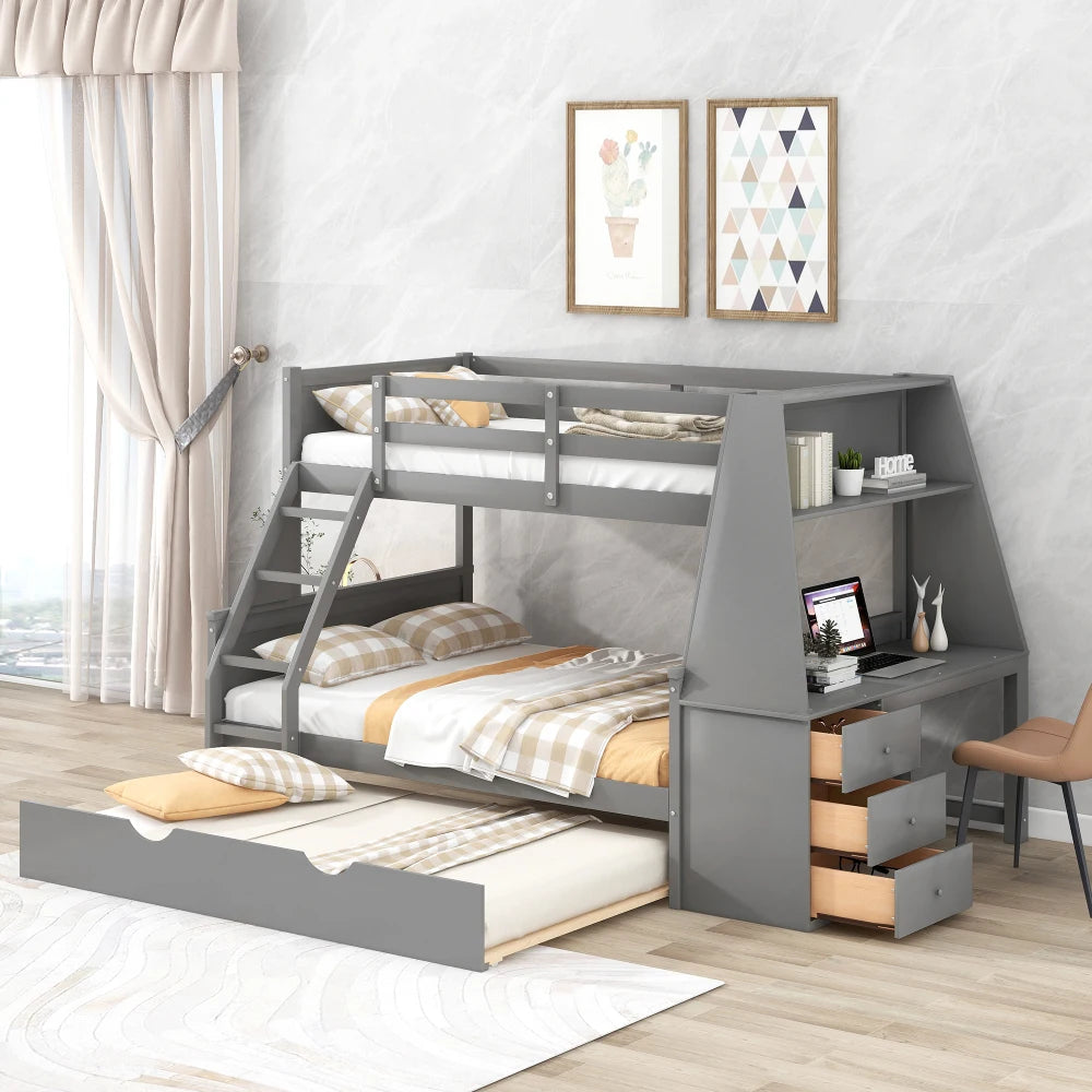 Modern Pine Wood Bunk Bed With Trundle And Built In Desk