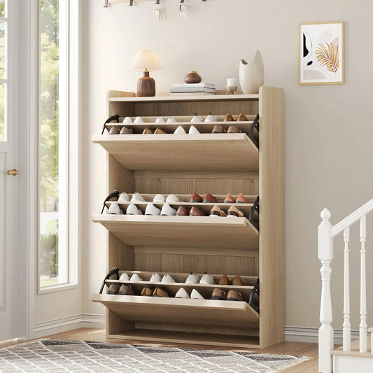 HiMISS Three Flip Drawer Shoe Cabinet With Adjustable Shelves