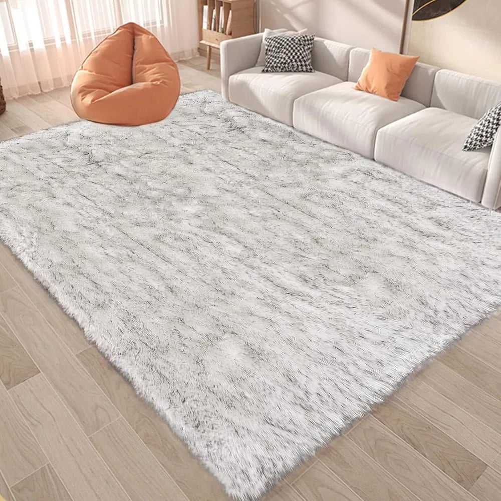White and Grey Faux Sheepskin Fur Rug 8x10 Washable Luxury Living Room Decor