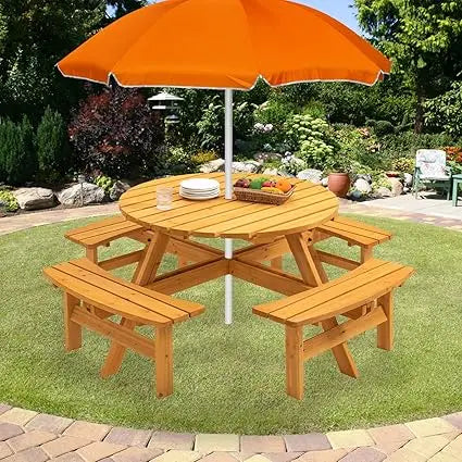 DAFIFY Solid Wood Round Picnic Table And Bench Set