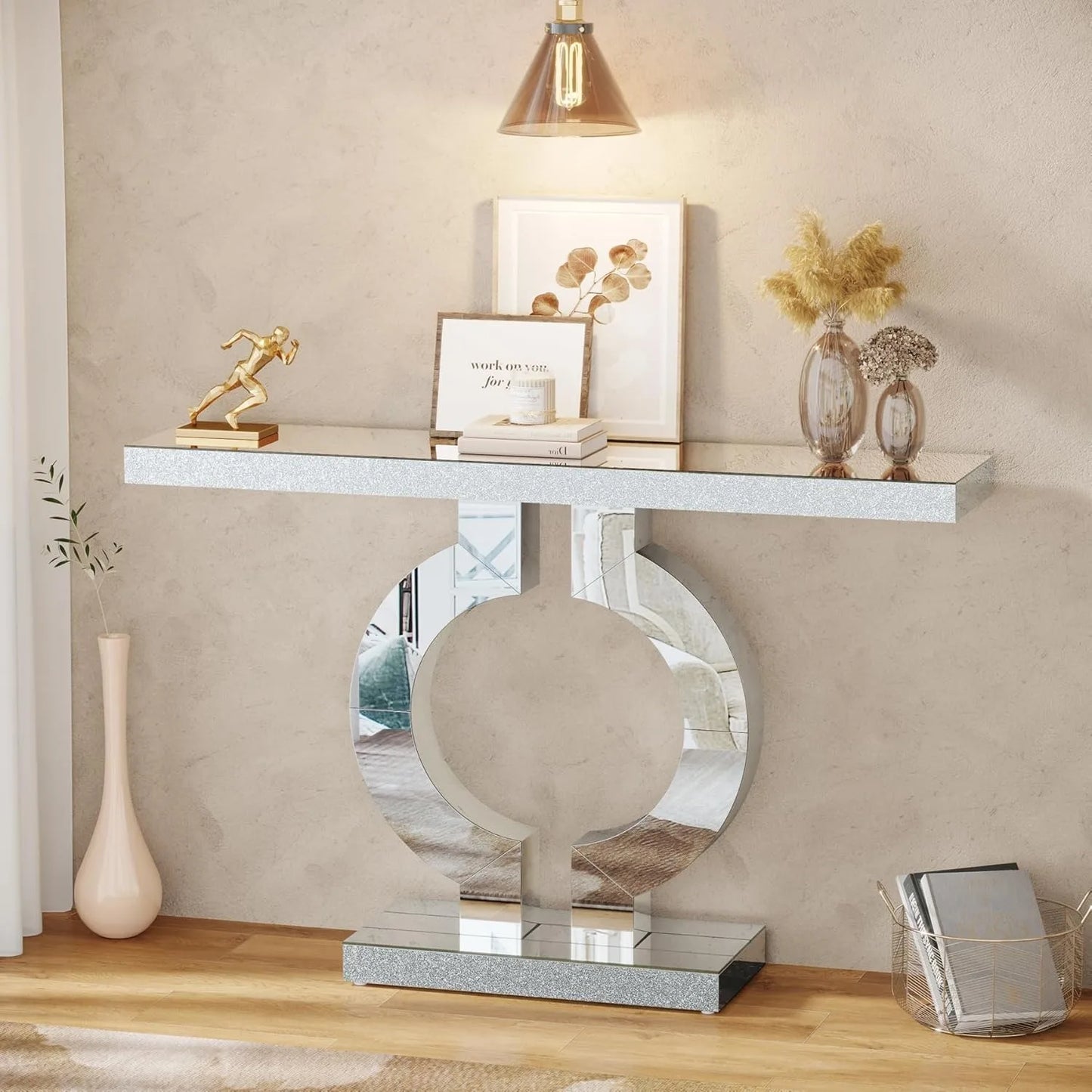 Modern Mirrored Console Table with O-Shaped Base for Entryway or Living Room