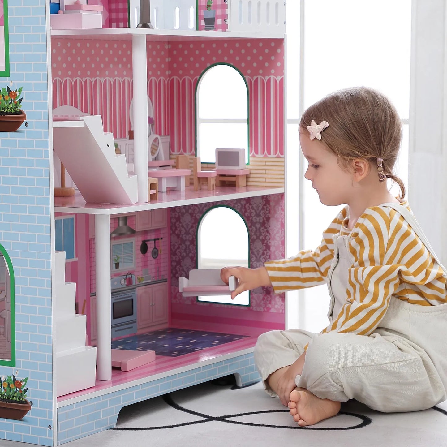 Three Tier Wooden Dollhouse With Furniture Playset For Kids
