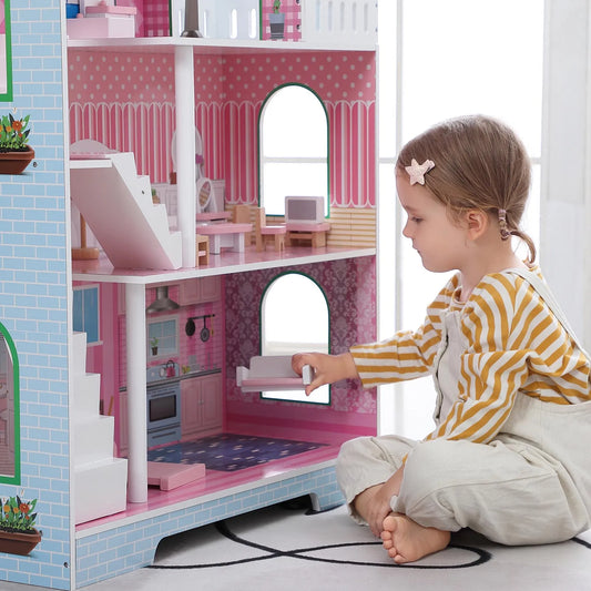 Three Tier Wooden Dollhouse With Furniture Playset For Kids
