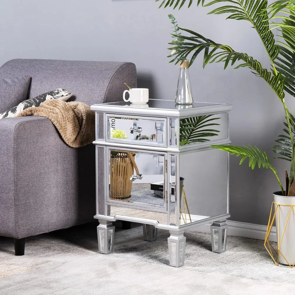 Modern Mirrored Nightstand Bedside Table With Drawer And Cabinet