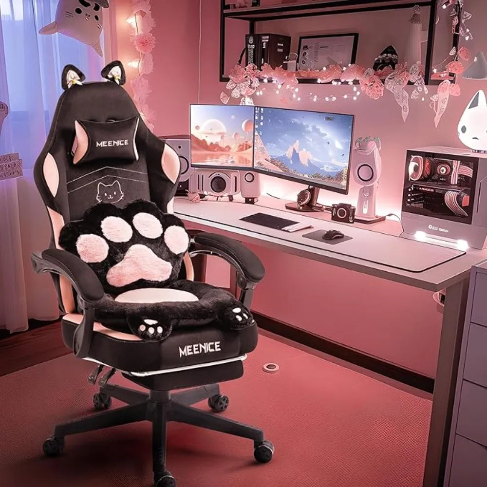 Cute Cat Ears Gaming Chair with Footrest Ergonomic Reclining Computer Chair