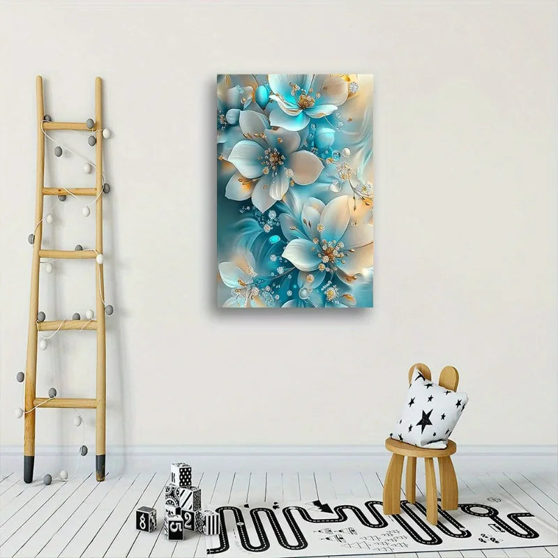 Elegant Framed Oil Painting of Blue and White Flowers with Gold Accents