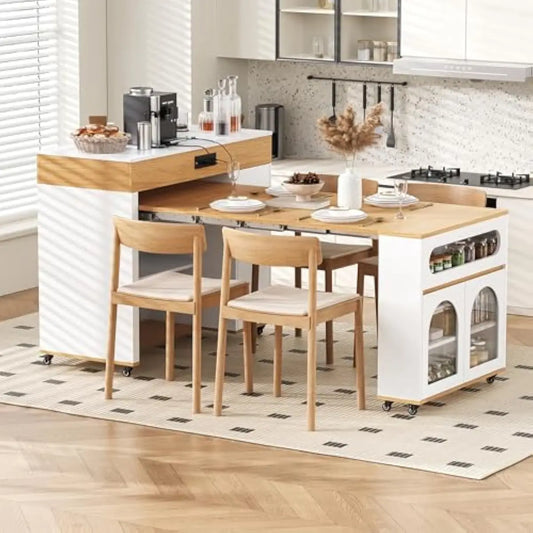 Rolling Extendable Kitchen Island Glass Door Cabinet With Drawers