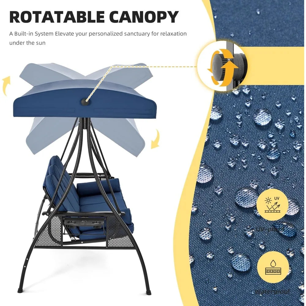 3 Person Outdoor Porch Swing Bed with Adjustable Canopy and Deep Cup Holder