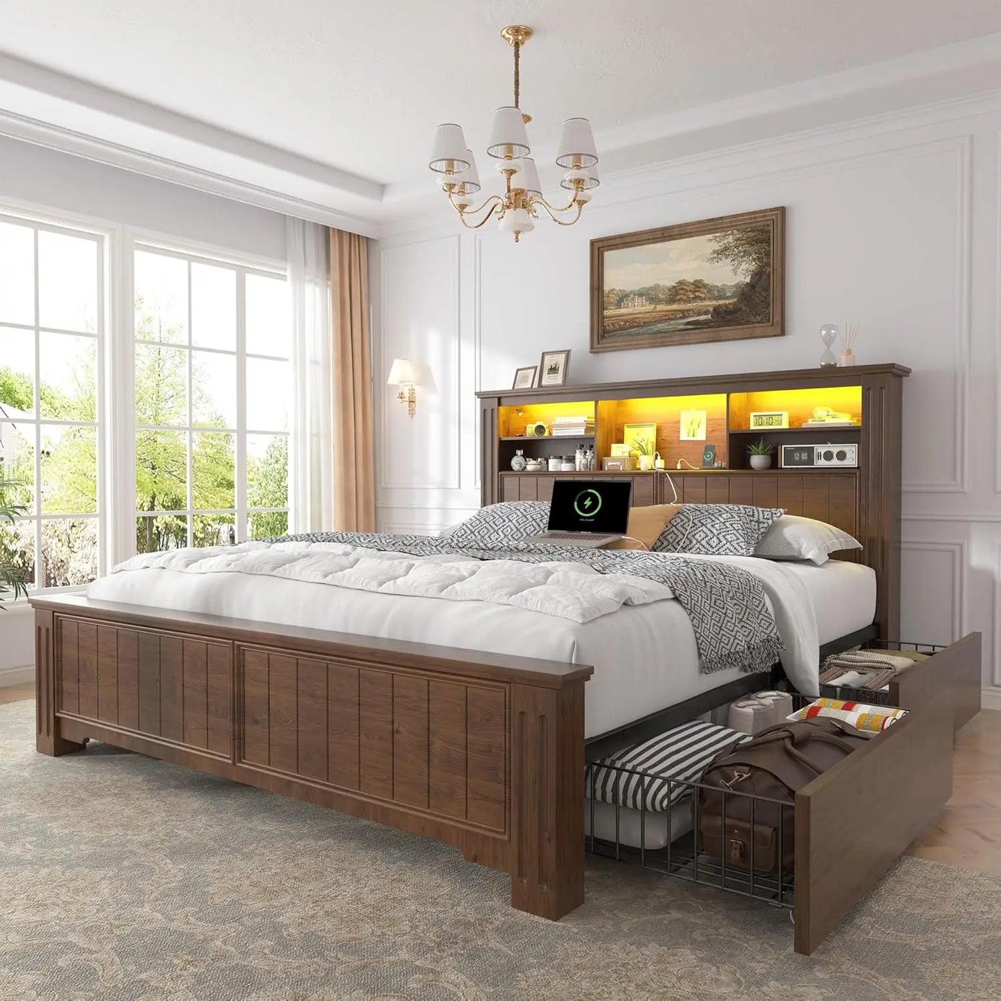 Queen Bed Frame With Storage Headboard LED USB Lighting