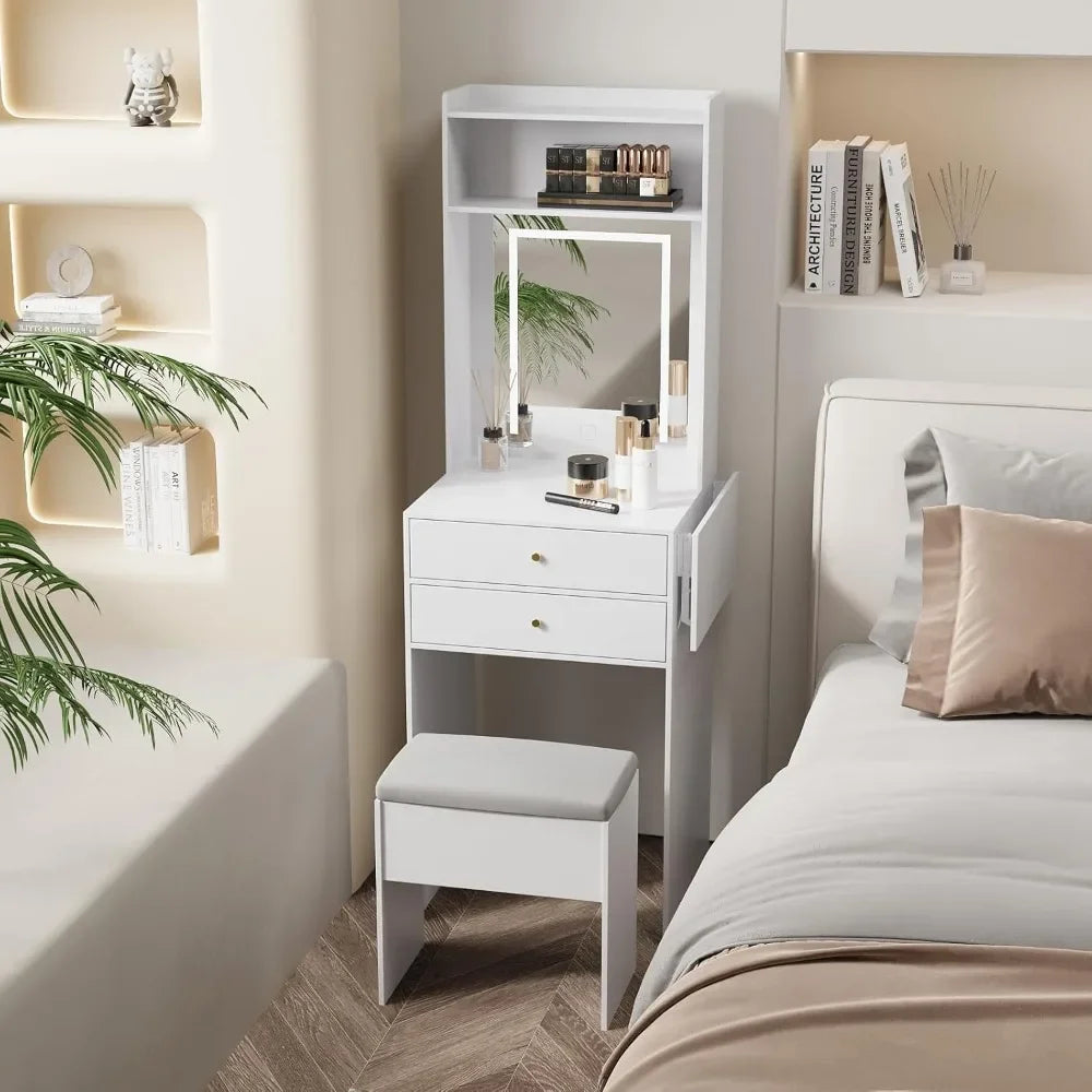 Small Vanity Desk Set with Lighted Mirror and Storage Chair for Small Spaces