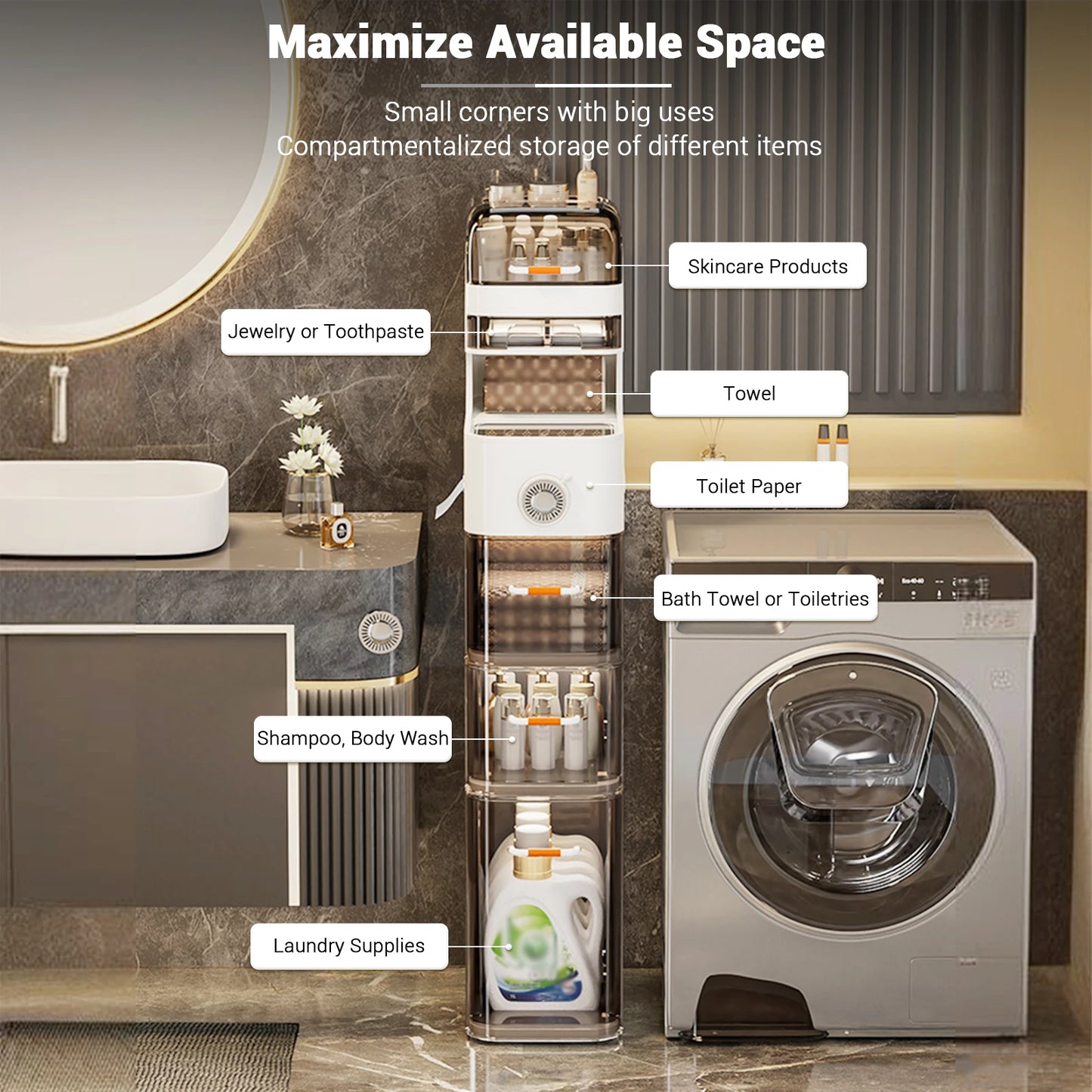 Narrow Bathroom Floor Storage Cabinet with Wheels