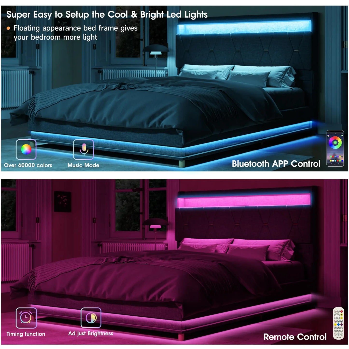 Vabches Lift Up Bed Frame With Storage Headboard LED
