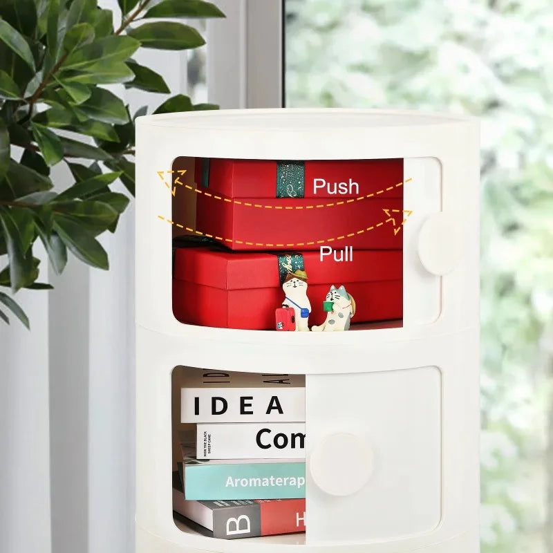 Modern White Round Bedside Table with 3 Tier Storage and Sliding Door Design