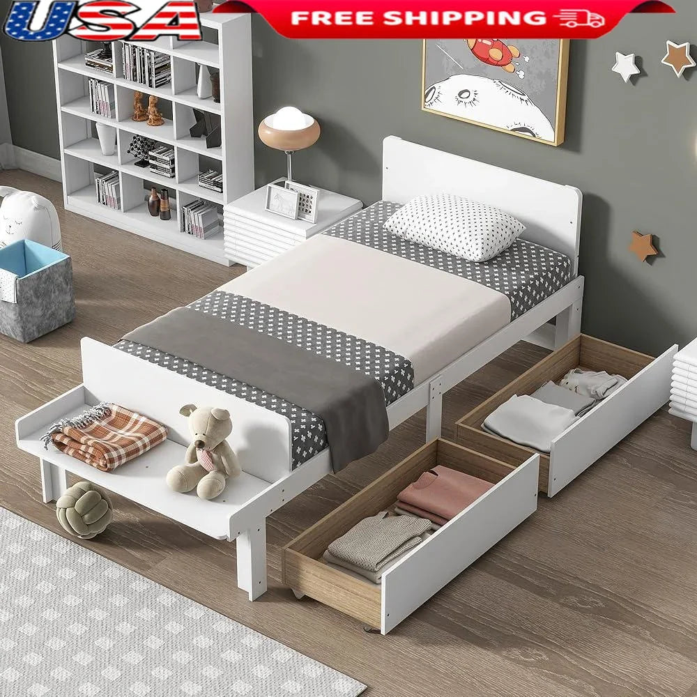XMSJ Twin Bed Frame With Footboard Bench And Drawers