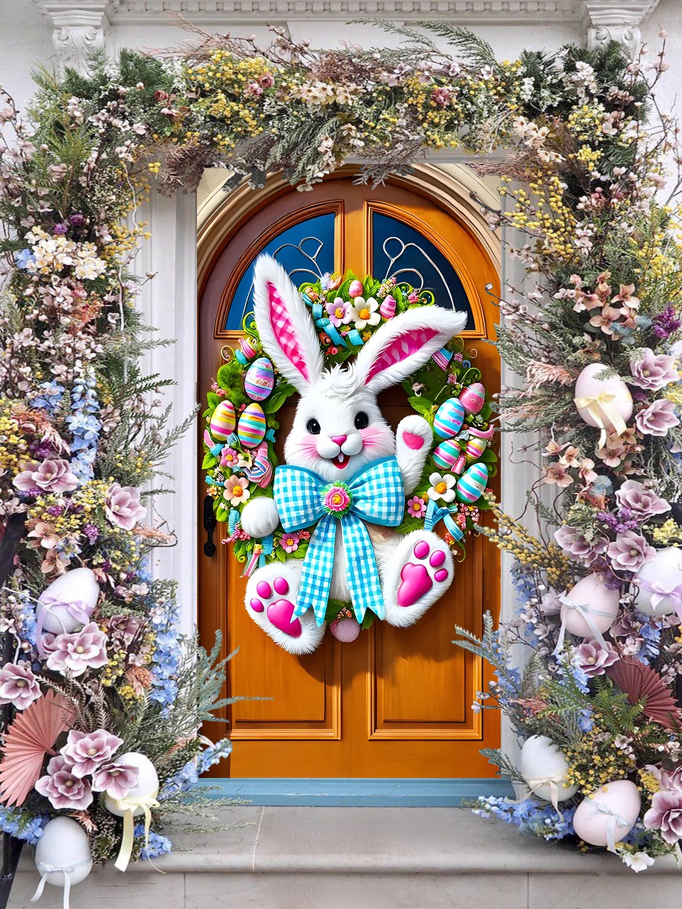 NONECN Easter Door Cover Plush Rabbit Wreath Banner
