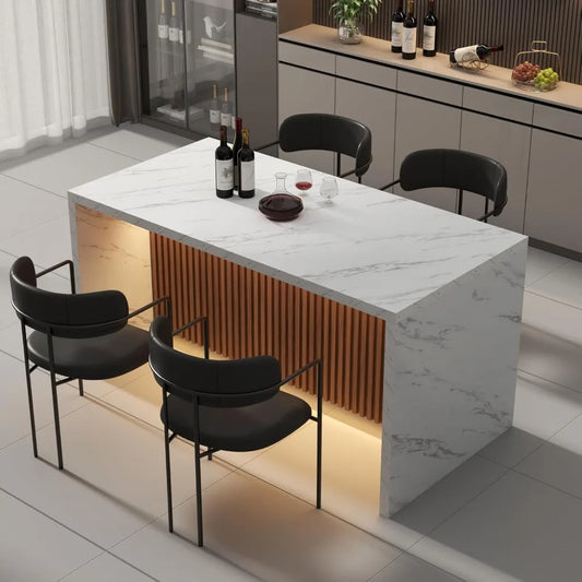 63 Inch Large Imitation Marble Dining Table with LED Lights for 4 to 6 People