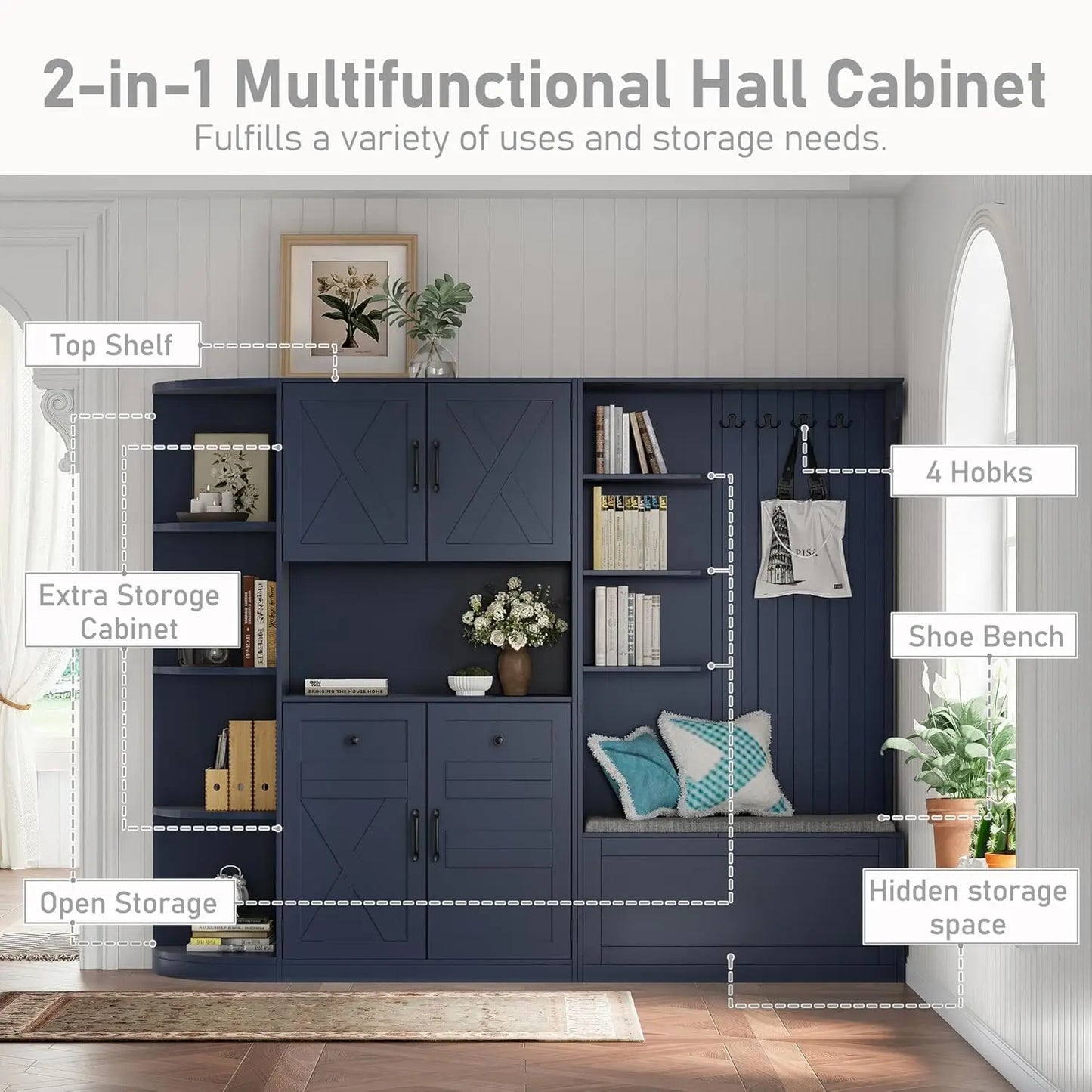 Hall Tree Storage Bench With Hooks And Shoe Organizer Cabinet Mudroom Furniture