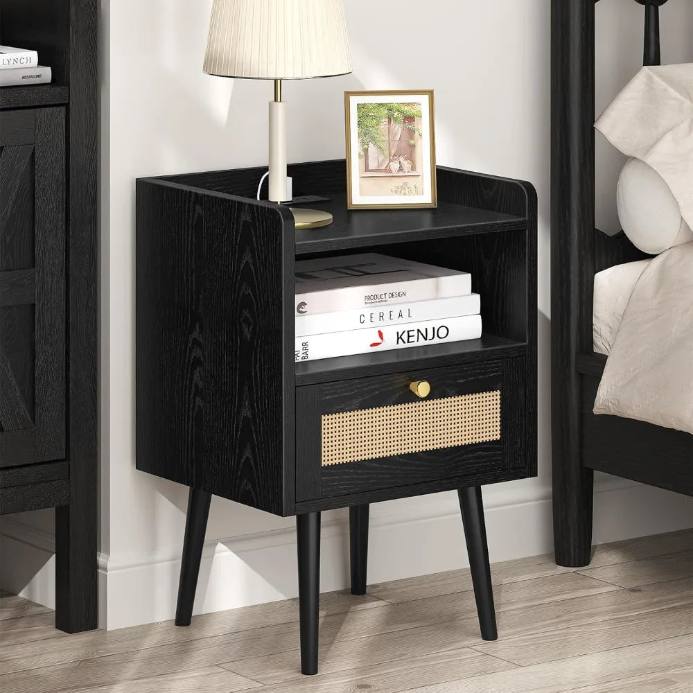 XIUWO Boho Nightstand Set With Charging Station Wood Legs