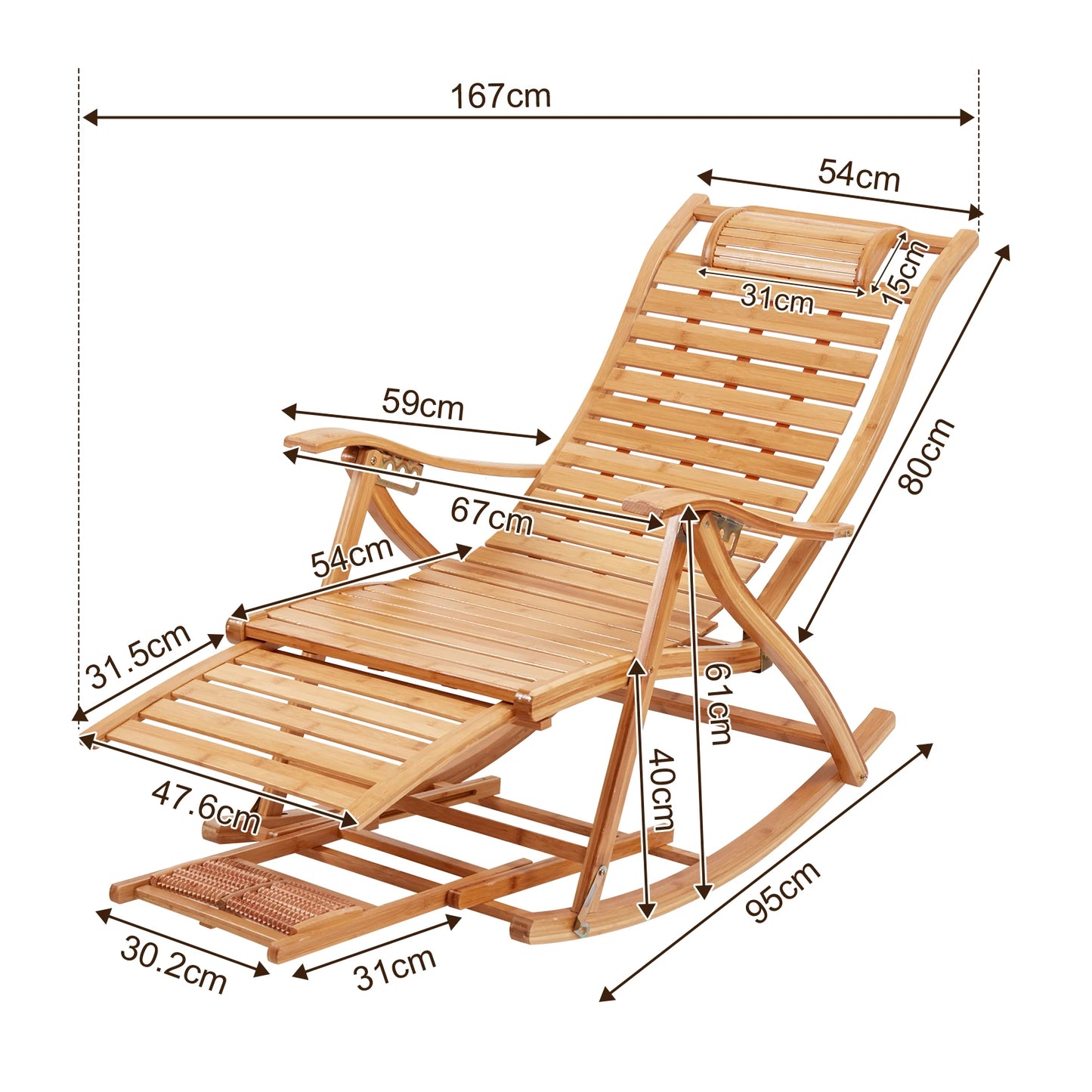 Heavy Duty Folding Rocking Chair Bamboo Outdoor Sun Lounger